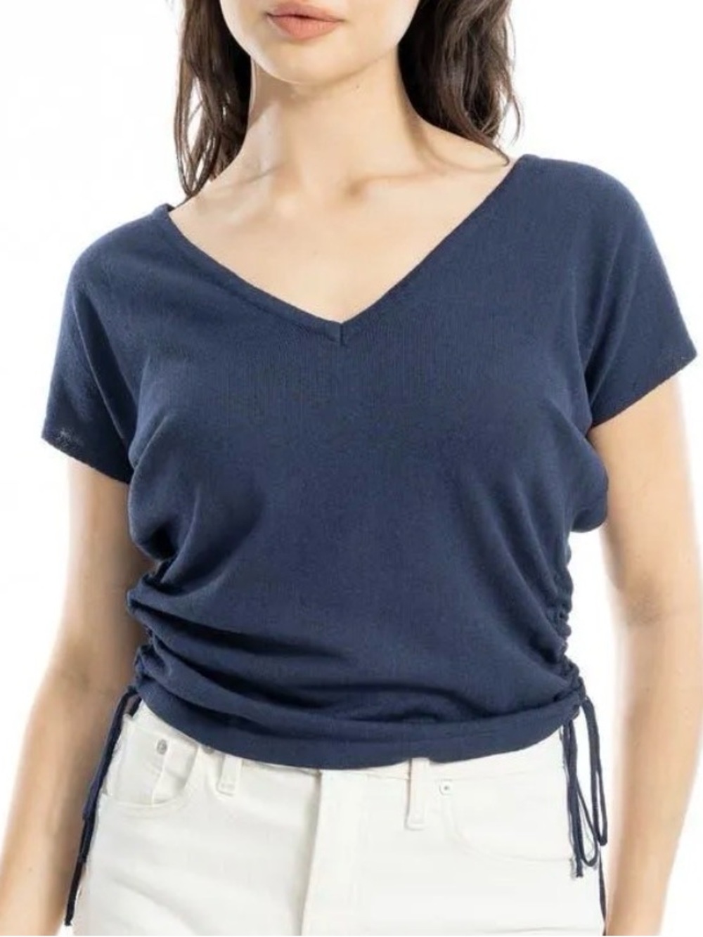 Max Studio Navy Side Ruched Short Sleeve V-Neck Short Sleeve Knit Top Size XS